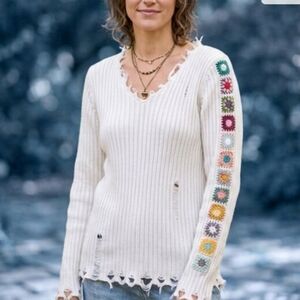 POL Perfectly Distressed Granny Square Boho Chic Sweater Size L